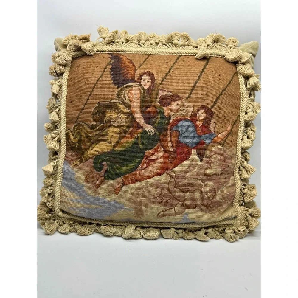 Aubusson Style Angelic NEEDLE POINT of Angels in Air w/ Cherub Fringe Pillow 17